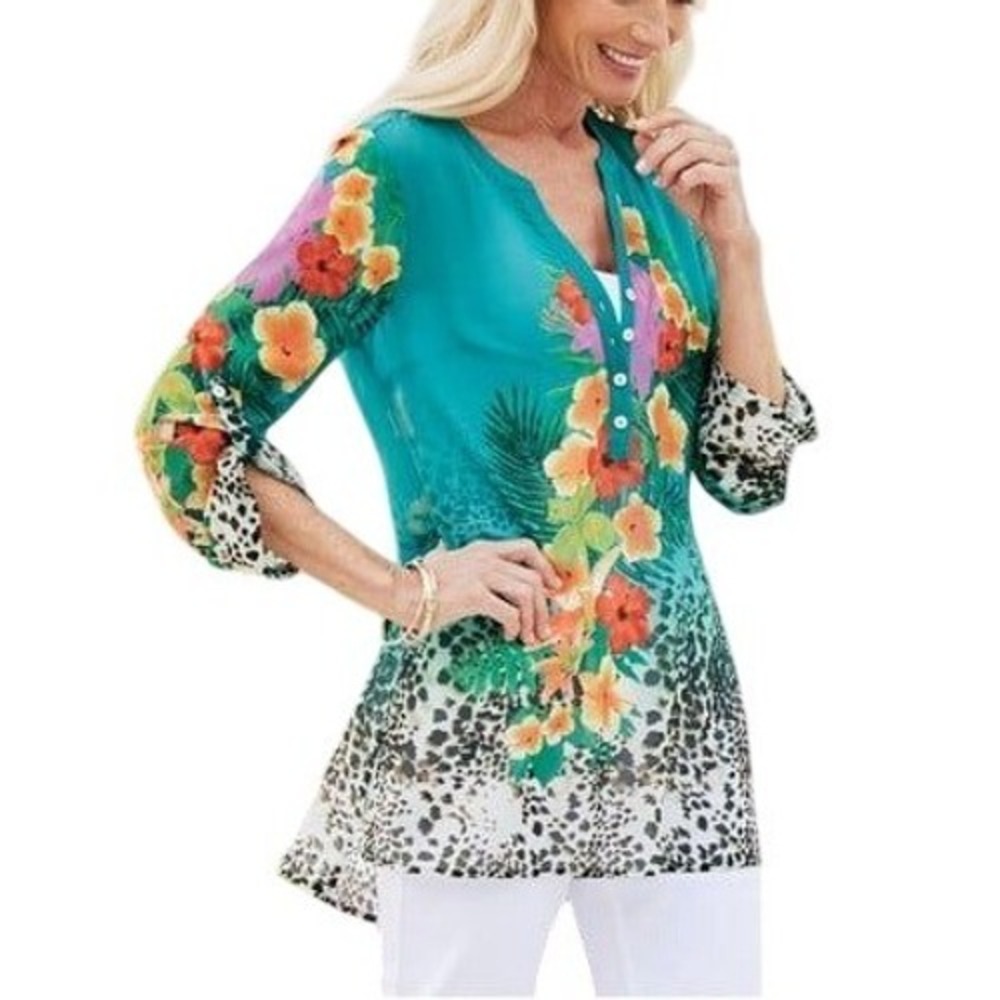 Soft Surroundings Geovana Teal Floral Animal Print Sheer Roll Tab Sleeve Tunic M